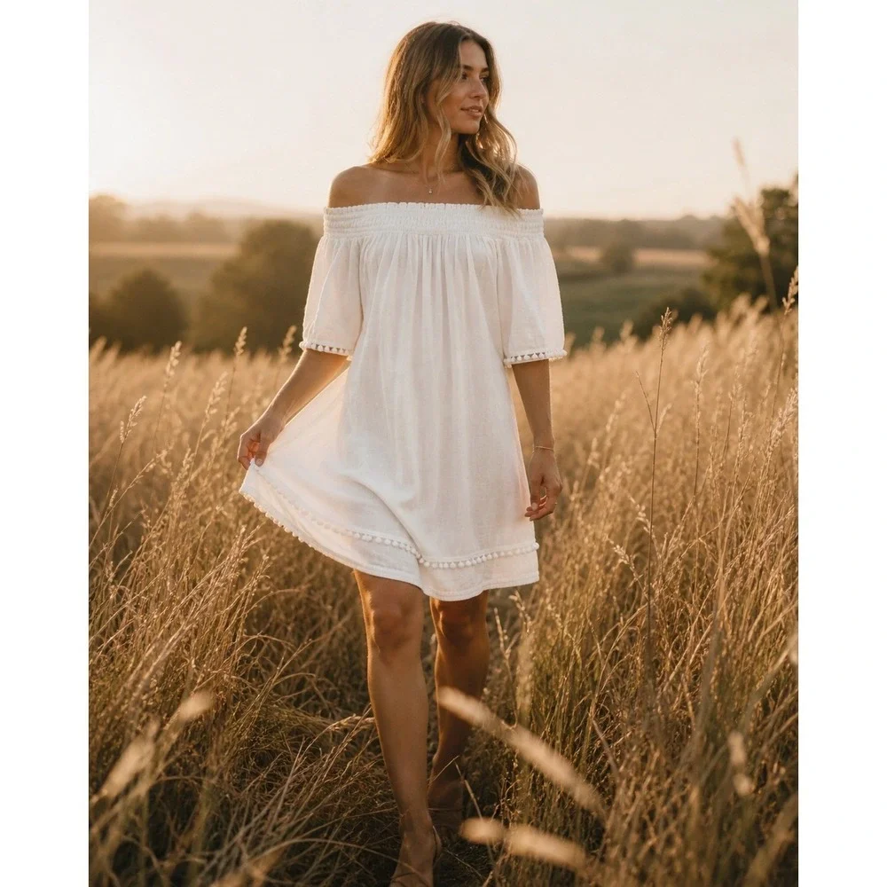 Apiece Apart White‎ Cotton Smocked Peasant Dress On Off Shoulder Minimalist Sz 2